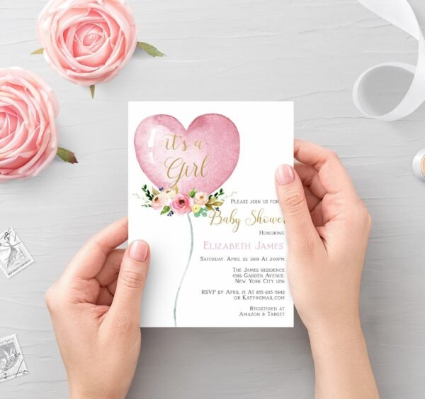Baby shower invitations, girl baby shower, it's a girl invite, printable invitation, balloon, template baby shower, size 5x7