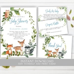 Woodland baby shower invitation, boy baby shower, printable invitation, invitation template, woodland animals