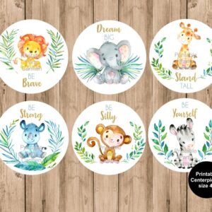 Jungle printable centerpieces, boy baby shower decor, instant download, jungle animals, size 4"