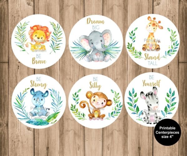Jungle printable centerpieces, boy baby shower decor, instant download, jungle animals, size 4"