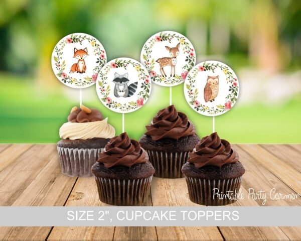 Woodland cupcake toppers, girl baby shower, birthday cupcake toppers, woodland baby shower, printable, woodland animals