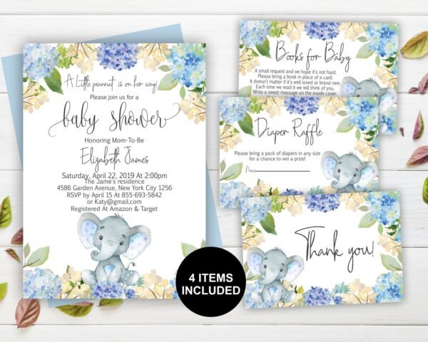 Blue Elephant Baby Shower Invitation boy, Little peanut baby shower, floral watercolor printable invitation, diaper raffle invites suite