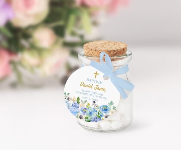 Printable Baptism boy favor tags, baptism stickers, floral blue watercolor, favor tags, baptism blue and gold