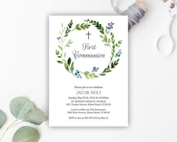 First communion welcome sign boy, Printable sign siblings, Communion Poster, Communion decoration twins, Greenery sign, Navy - Image 4
