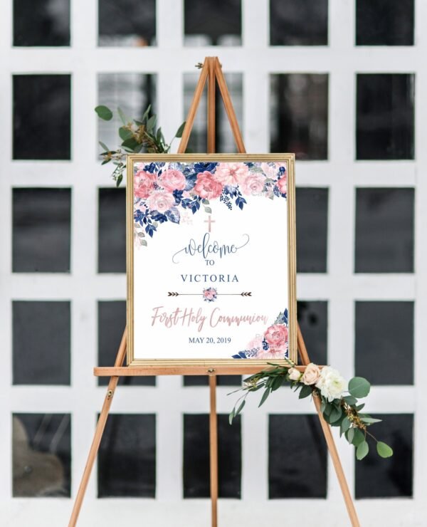 First Communion invitation girl, Blush Navy printable invitation siblings, floral watercolor digital invite - Image 3