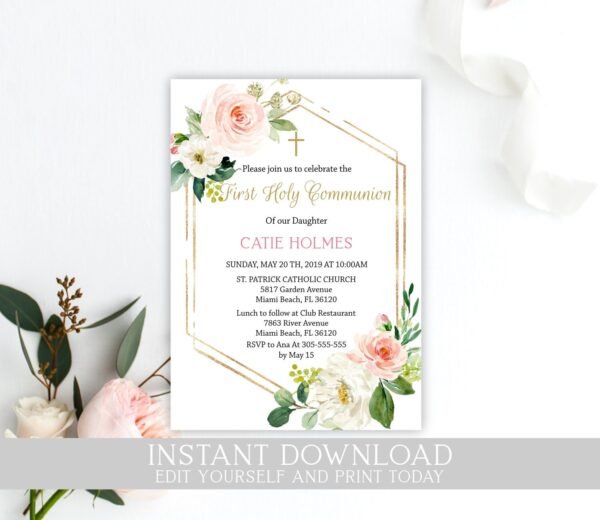 First communion favor tags, girl communion printable tags, personalized tags, first communion favors, Floral frame gold, FC05 - Image 3
