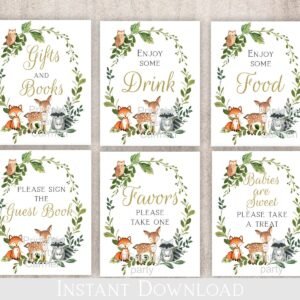 Woodland baby shower signs, baby shower decoration, gender neutral, gold, instant download, Deer, Fox, Owl