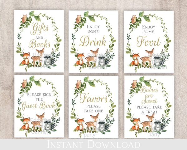 Woodland baby shower signs, baby shower decoration, gender neutral, gold, instant download, Deer, Fox, Owl