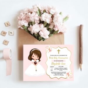 First Holy Communion invitation girl, printable invitation, floral watercolor, pink and gold