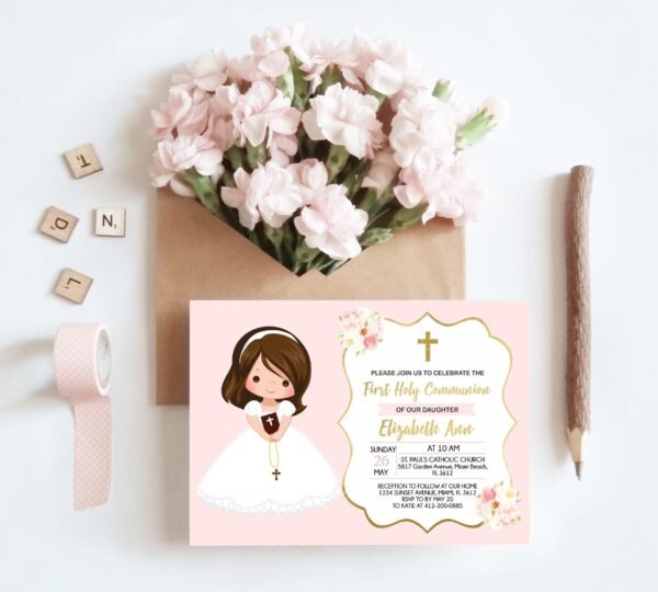 First Holy Communion invitation girl, printable invitation, floral watercolor, pink and gold