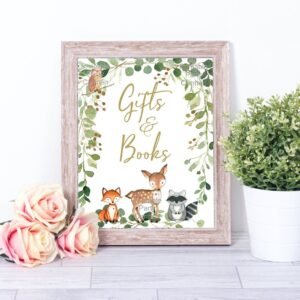 Woodland baby shower sign gifts & books, printable sign, gender neutral, woodland decoration, woodland animals, deer, fox, owl