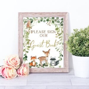 Woodland Guest Book sign baby shower, printable sign, gender neutral, woodland decoration, woodland animals, deer, fox, owl