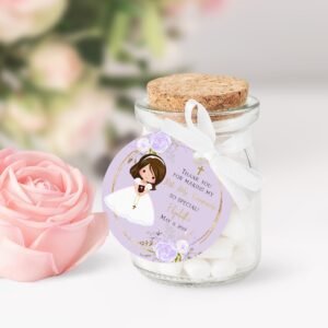 First communion favor tags girl, personalized favor tags, printable tags, brunette girl, thank you tags communion, lilac floral, FC03