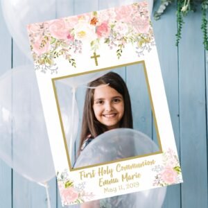 First Communion Girl Photo Booth Selfie Frame, First Communion decoration, Digital photo boot frame, blush pink and gold