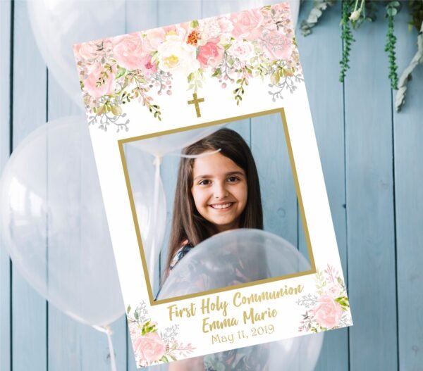 First Communion Girl Photo Booth Selfie Frame, First Communion decoration, Digital photo boot frame, blush pink and gold