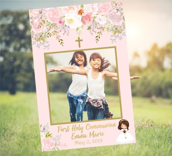 First Holy Communion invitation template, Girl Communion Invitation, Printable Invitation, Turquoise, Floral Peach Watercolor, FC01 - Image 8