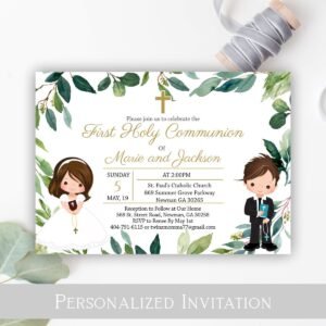 First Communion invitation siblings, communion twins, first communion boy and girl printable invitation, greenery invitation, FC04