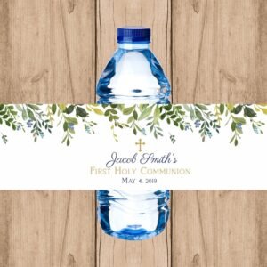 Water bottle labels First Communion, navy boy first Communion, personalized printable label, Greenery, baptism