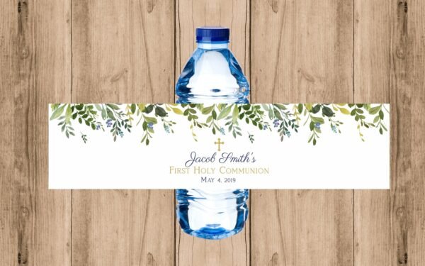 Water bottle labels First Communion, navy boy first Communion, personalized printable label, Greenery, baptism