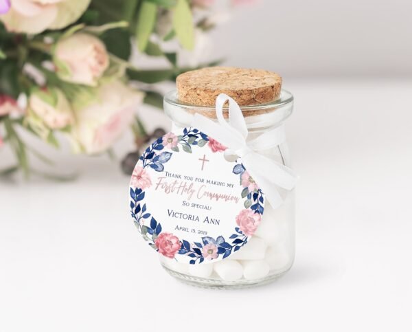 Printable First communion favor tags, girl communion printable tags, siblings communion, first communion favors, blush navy wreath