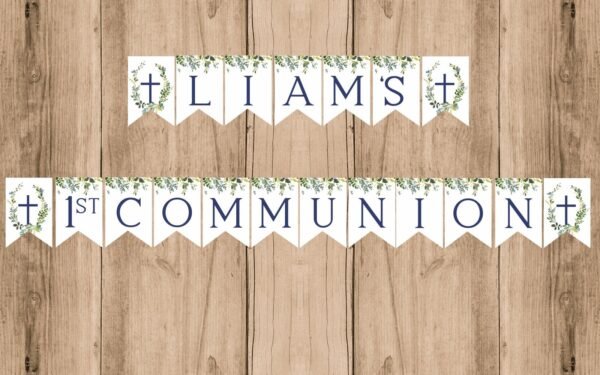 First Holy Communion Bookmark, First Communion Boy, Communion favors, Printable Bookmark, Navy and Gold, Greenery wreath, Editable, FC10 - Image 5