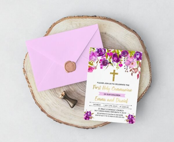 Welcome sign Girl First Communion, 1st communion poster, communion decoration, printable sign, floral purple and gold, custom sign - Image 3