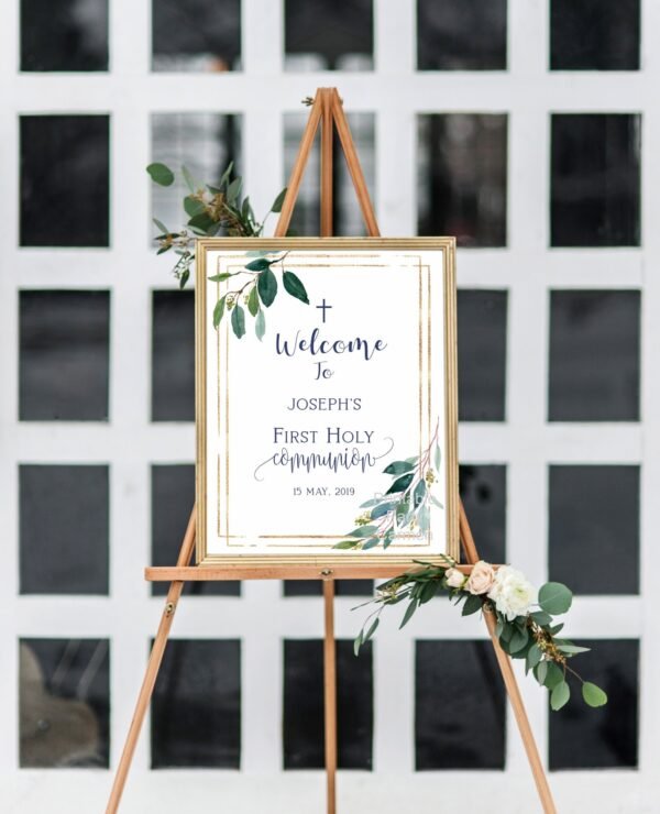 Boy First Holy Communion Invitation, Printable invitation, leaves watercolor, Editable invitation, Boy communion, navy blue & gold - Image 3