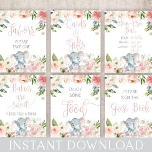 Elephant baby shower signs, girl baby shower, baby shower decoration, blush pink, instant download, little peanut baby shower