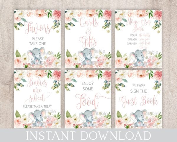 Elephant baby shower signs, girl baby shower, baby shower decoration, blush pink, instant download, little peanut baby shower