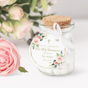 First communion favor tags girl, thank you tags communion, printable tags, personalized favor tags, Floral frame gold, FC05