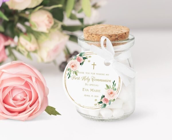 First communion favor tags girl, thank you tags communion, printable tags, personalized favor tags, Floral frame gold, FC05