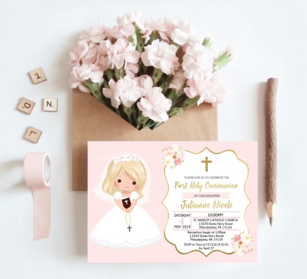 First Holy Communion invitation girl, printable invitation, floral watercolor, pink and gold, FC01 - Image 2