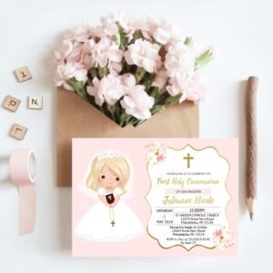 First Communion invitation girl, printable invitation, blonde girl first communion, floral watercolor, pink and gold, FC02