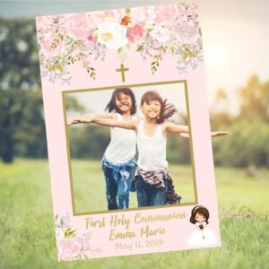 Photo Booth Selfie Frame First Communion Girl, First Communion decoration, Digital photo boot frame, blush pink and gold, FC01