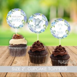 Elephant cupcake toppers, Boy baby shower, Printable baby shower decoration, little peanut, Floral blue elephant