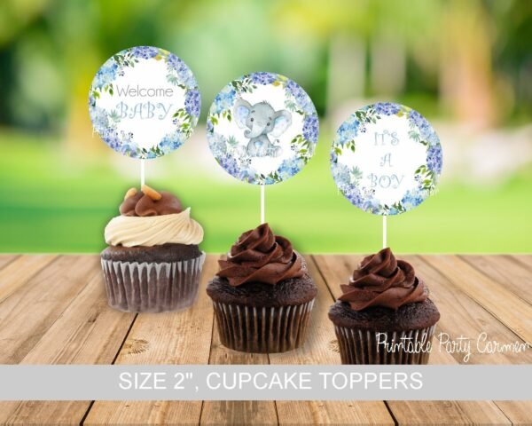 Elephant cupcake toppers, Boy baby shower, Printable baby shower decoration, little peanut, Floral blue elephant