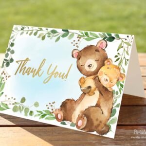 Woodland bear thank you card, woodland baby shower, baby bear, boy baby shower, instant download, super cute thank you card