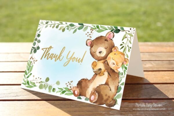 Woodland bear thank you card, woodland baby shower, baby bear, boy baby shower, instant download, super cute thank you card