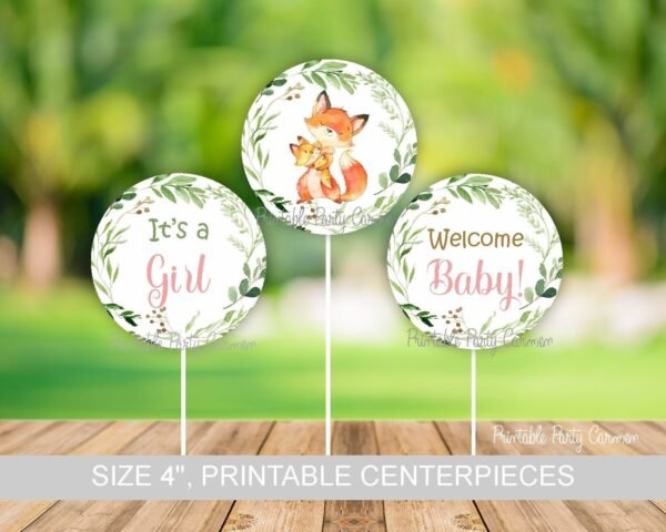 Fox Woodland baby shower centerpieces, girl baby shower decoration, printable centerpieces, Fox animals, mother and baby
