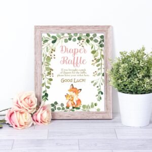 Fox woodland Diaper Raffle sign baby shower, girl baby shower, printable sign, woodland decoration, Fox mother and baby