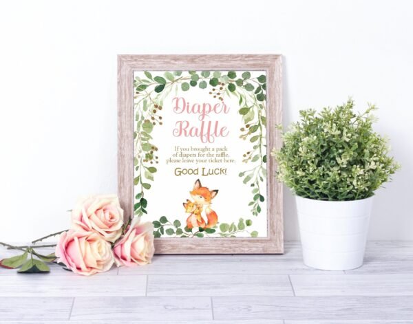 Fox woodland Diaper Raffle sign baby shower, girl baby shower, printable sign, woodland decoration, Fox mother and baby