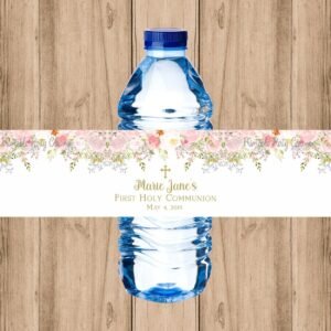 Water bottle labels Girl First Communion, personalized printable label, Blush pink watercolor, baptism labels