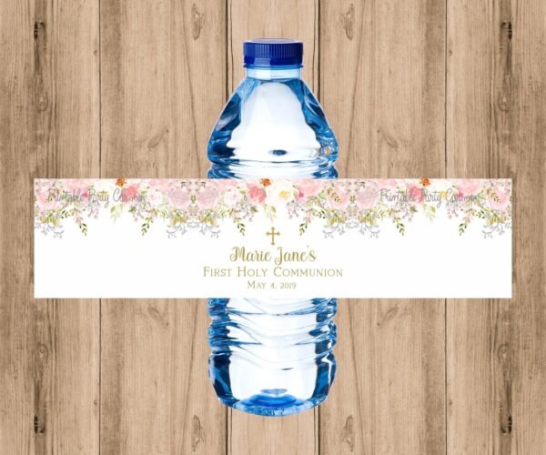 Water bottle labels Girl First Communion, personalized printable label, Blush pink watercolor, baptism labels
