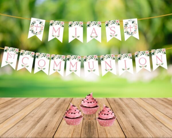 Bunting Banner Girl 1st communion, Blush pink Communion decorations, communion decoration printable banner, Baptism decoration, FC05, FC07