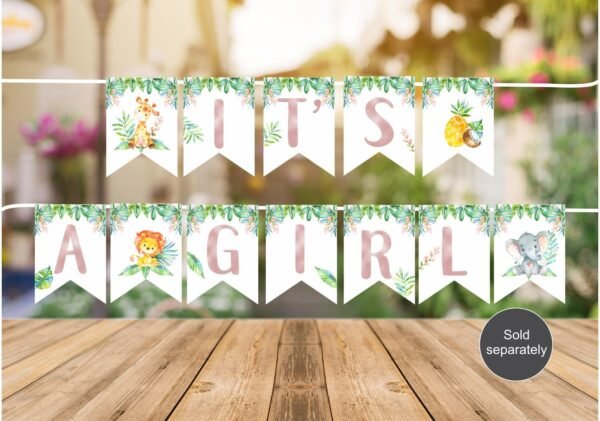 Jungle baby shower invitation, girl baby shower, Safari baby shower, Tropical baby shower, Elephant, Giraffe, Lion, Jungle animals - Image 3