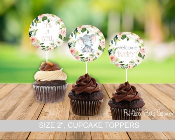 Girl Elephant cupcake toppers, girl baby shower, Printable baby shower decoration, little peanut, Floral blush elephant baby shower decor