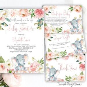 Floral Elephant Baby Shower Invitation girl, Little peanut baby shower, floral watercolor printable invitation, diaper raffle invites suite