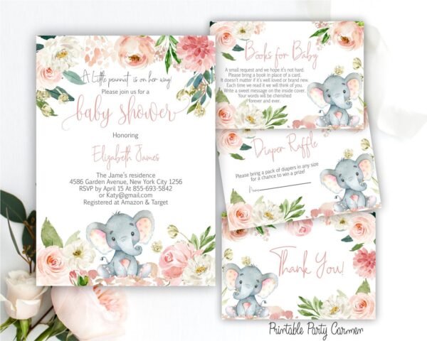 Floral Elephant Baby Shower Invitation girl, Little peanut baby shower, floral watercolor printable invitation, diaper raffle invites suite