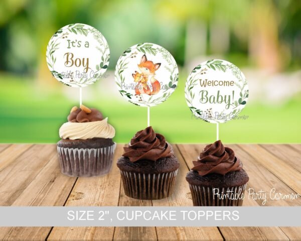 Fox Woodland cupcake toppers, boy baby shower, baby shower decoration, woodland baby shower, printable, woodland animals