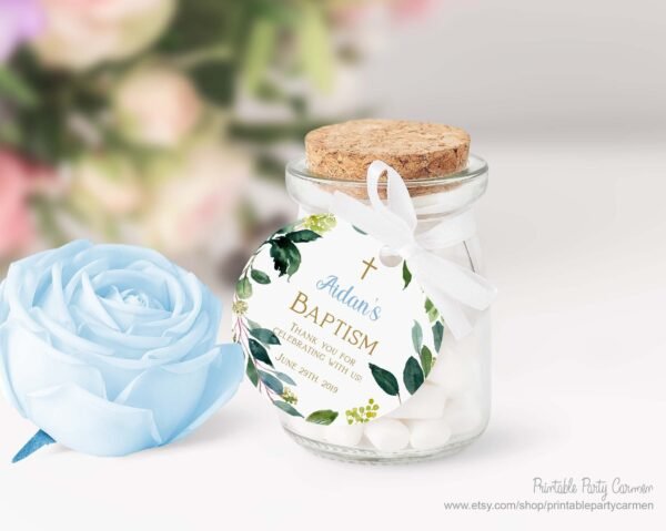 Favor tags Boy Baptism, gift tags baptism, Christening tags, printable labels, baptism stickers, wreath greenery